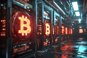 Futuristic Bitcoin mining farm with illuminated Bitcoin logos, showcasing advanced technology and digital currency production.