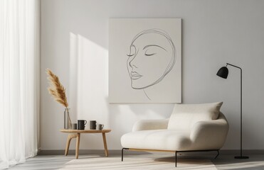 A cozy interior featuring a minimalist armchair, a stylish lamp, and a serene wall art piece