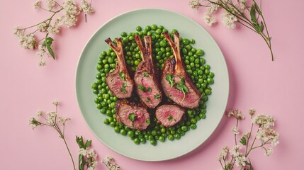 A gourmet plate of green peas with roasted lamb, isolated on a soft pastel pink background with delicate botanical patterns