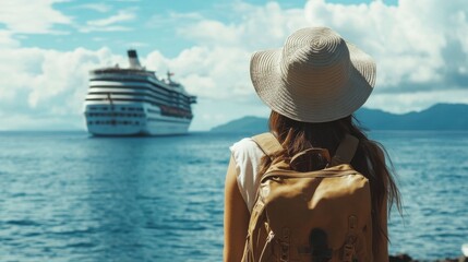 A young woman tourist wearing a casual bucket hat and a travel backpack, standing by the shore, admiring a cruise ship in the distance, back view, excited for her sea voyage.