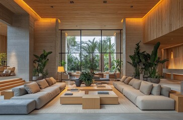 Stylish modern living room featuring large windows and natural light in a lush environment