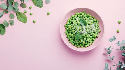 A minimalist dish of green peas with fresh mint and Parmesan, isolated on a soft pastel pink background with elegant botanical flourishes