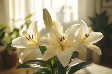 Lilies in the morning light: elegance and grace A peaceful depiction of colorful lilies blooming in the soft morning light, creating a serene atmosphere.