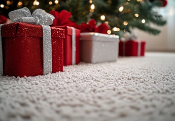 Red and silver wrapped Christmas gifts beautifully arranged beneath a decorated tree