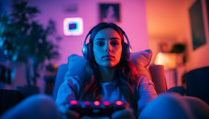 A blurred view from below of an engrossed female in headphones, playing video games in her armchair at home