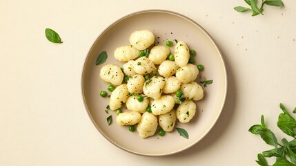 A plate of green pea and potato gnocchi, floating on a muted beige background with subtle geometric accents