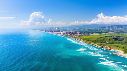 Aerial view of a power plant on the coast with blue sky and ocean.