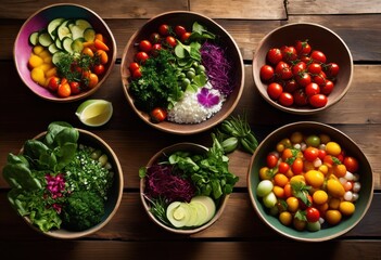 Wall Mural - vibrant bowls filled fresh organic ingredients showcasing diverse textures colors healthy culinary experience, veggie, dish, herb, green, fruit, leaf