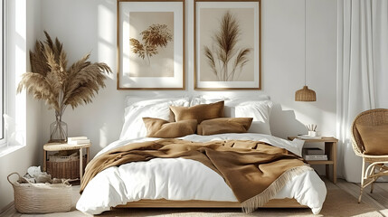 Poster - Cozy bedroom with neutral tones and natural decor elements.