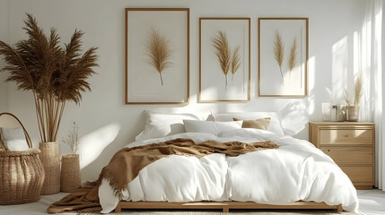 Poster - Cozy bedroom with neutral decor and natural elements.