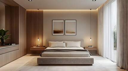 Wall Mural - Modern bedroom with neutral tones and minimalist design.