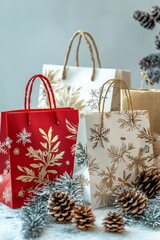 Festively decorated gift bags surrounded by winter decor and holiday cheer in a cozy setting