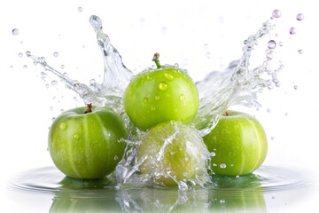 Indian gooseberry and water Splashing,isolated on white background