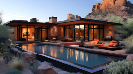 Canvas Print - Modern home with pool set against a rocky landscape at sunset.