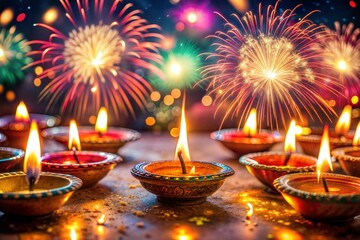 Canvas Print - celebration of diwali with fireworks and lit diyas