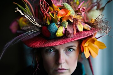 Colorful floral hat worn by woman with intense gaze and textile accents