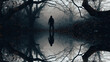 © Dave - A creepy horror concept. Of a spooky hooded figure. Silhouetted in a mysterious forest on a foggy winters day, reflected upside down.