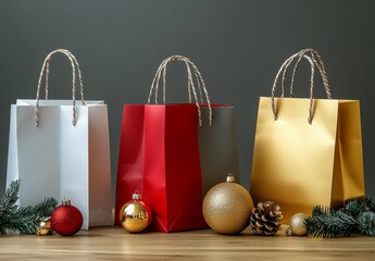 Colorful holiday gift bags with decorations displayed on a wooden table for festive celebration