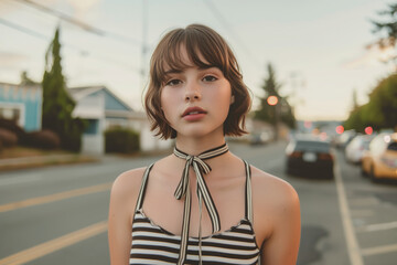 Poster - A woman wearing a black and white striped tank top