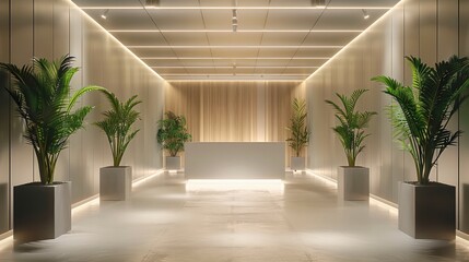 Leinwandbilder - A bright, minimalist podcast studio with light grey acoustic panels on the walls in a sleek pattern. with big plant pots on both sides. The space is illuminated lighting from hidden ceiling lights.