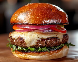 Delicious closeup of a gourmet burger showcasing a juicy patty, melted cheese, and fresh vegetables in a soft artisanal bun, under warm lighting