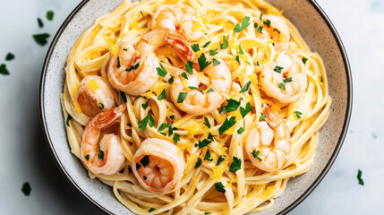 Wall Mural - Bowl of creamy shrimp pasta topped with parsley leaves and lemon zest garnished beautifully on a plate