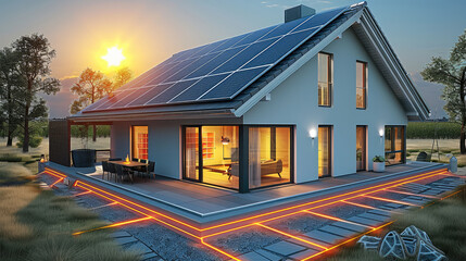 Aufkleber - A crossing view house equipped with a solar energy system. The solar panels are installed on the roof, capturing sunlight to generate energy. This energy powers an inside house underfloor and wall.