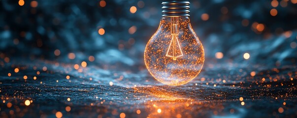 Poster - Luminous 3D light bulb casting a warm, inviting glow, representing innovation and new ideas, stunning digital illustration