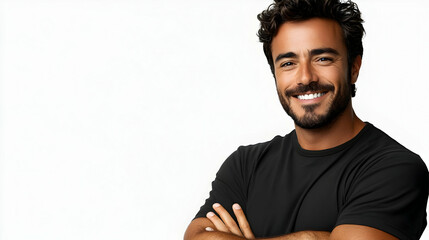 Canvas Print - Smiling man in a black t-shirt with arms crossed, cheerful demeanor.