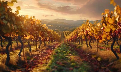 Wall Mural - Autumn vineyard with rows of grapevines in golden hues, 4K hyperrealistic photo