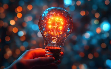 Aufkleber - Warmly glowing 3D light bulb, symbol of creativity and innovation, digital illustration with luminous light effects