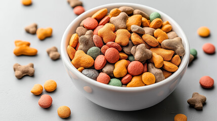 Wall Mural - Bowl filled with colorful pet food kibble on a gray surface, featuring various shapes and sizes.