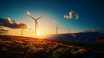 Wall Mural - Sunset over wind turbines and solar panels in a renewable energy landscape.