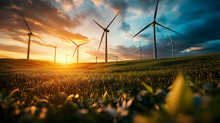 Scenic landscape with wind turbines at sunset over green fields.