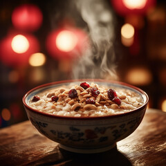 close-up of a bowl of Laba porridge with various grains, nuts and dried fruits, hot steam rising from the bowl, traditional Chinese kitchen background