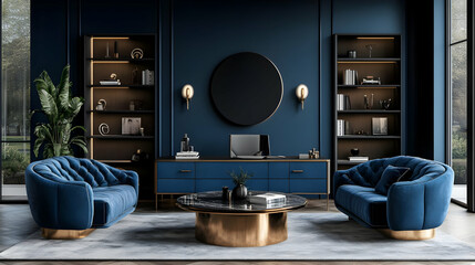 Sticker - Modern living room with blue sofas and stylish decor.