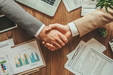 Two professionals shake hands in a bright office, representing a successful business partnership and collaboration.