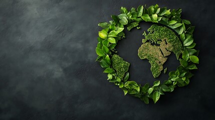 Wall Mural - A circular arrangement of green leaves and moss depicting the Earth, symbolizing environmental awareness and sustainability.