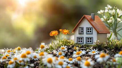 Sticker - Miniature house surrounded by colorful flowers in a serene setting.