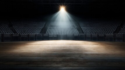 Wall Mural - An empty theater or auditorium with wooden flooring, spotlight illuminating the center stage, and rows of empty seats in the background.