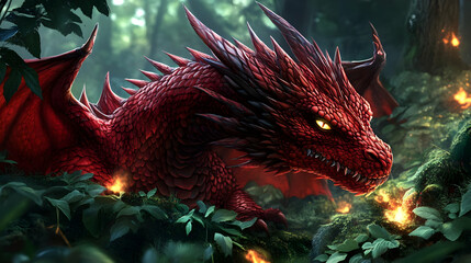 Wall Mural - A majestic red dragon resting in a lush, enchanted forest.