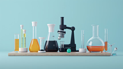 detailed laboratory setup with advanced equipment, including various flasks, beakers, and microscope, showcasing vibrant liquids and scientific tools