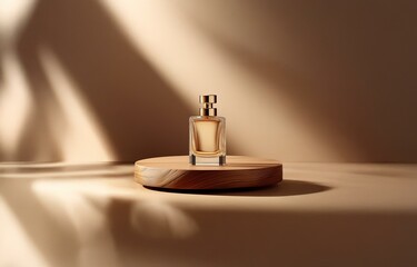 A glass bottle with a gold cap rests on a wooden platform. The bottle is filled with a light golden liquid.  Natural light casts shadows across the scene.