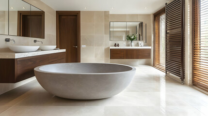 Poster - Modern bathroom with a large stone bathtub and elegant decor.