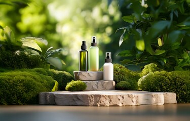 Three glass bottles with spray tops sit on a stone platform in a lush green, natural setting.