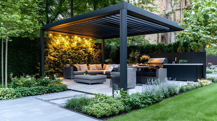 Sticker - Modern outdoor patio with seating, grill, and lush greenery.