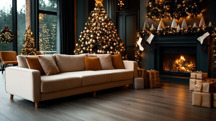 Wall Mural - Cozy living room with beige sofa, Christmas tree decorated with lights and ornaments, fireplace with stockings, and wrapped gifts on the floor. Warm ambient lighting enhances holiday decor.