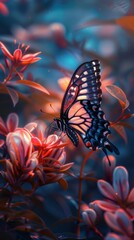 Wall Mural - Beautiful butterfly perched on a vibrant flower, 4K hyperrealistic photo