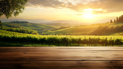 Wall Mural - Serene vineyard landscape at sunset with wooden table foreground.