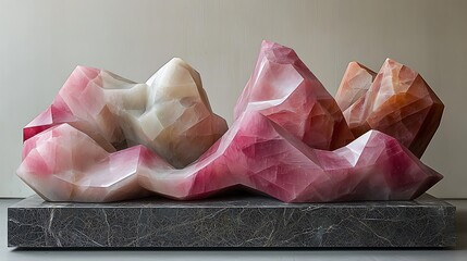 Abstract pink and white sculpture on a black base.